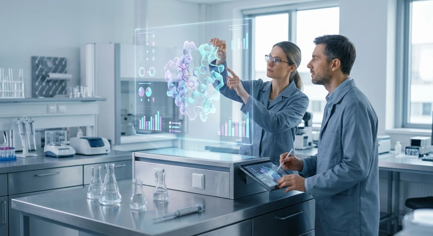 scientists working alongside glowing holographic AI interfaces